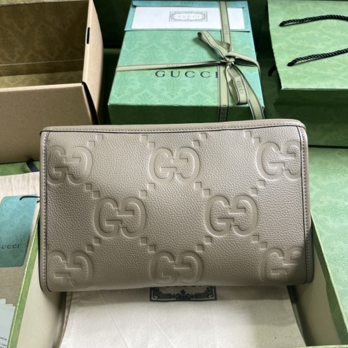 Gucci Unisex Jumbo GG Pouch Taupe Jumbo GG Leather Moiré Lining