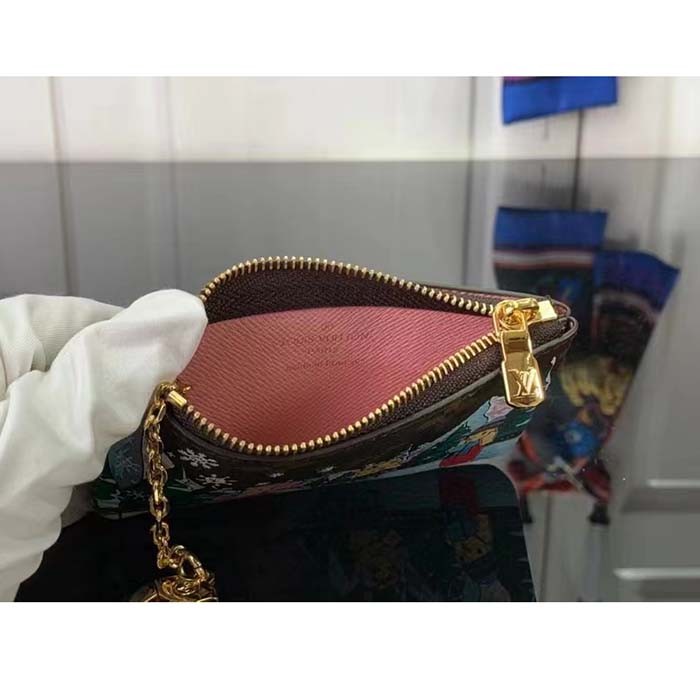 Louis Vuitton LV Unisex Key Pouch Pink Monogram Coated Canvas Grained Cowhide Leather