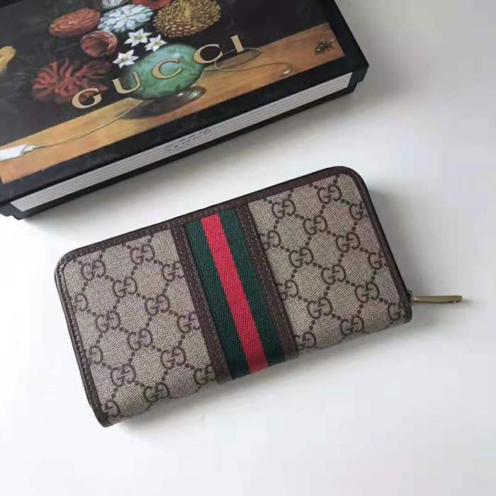 Gucci GG Unisex Ophidia GG Zip Around Wallet in Beige/Ebony GG Supreme Canvas