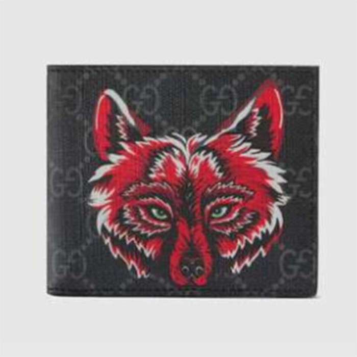 Gucci GG Men GG Supreme Wallet with Wolf in Black and Grey GG Supreme Canvas