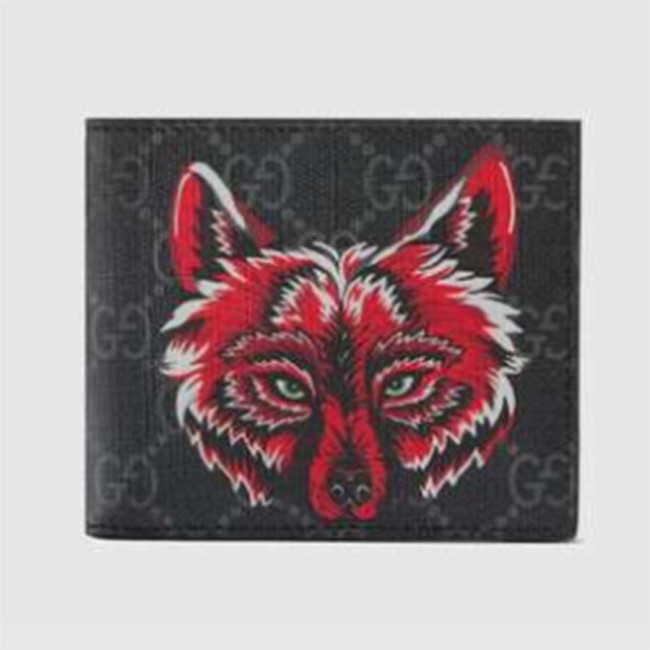 Gucci GG Men GG Supreme Wallet with Wolf in Black and Grey GG Supreme Canvas