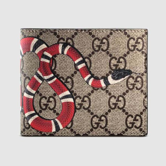 Gucci GG Men Kingsnake Print GG Supreme Wallet in Beige/Ebony GG Supreme Canvas