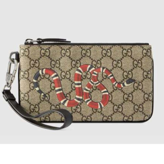 Gucci GG Men Kingsnake Print GG Supreme iPhone Pouch in Beige/Ebony GG Supreme Canvas