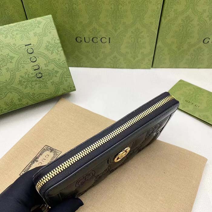 Gucci Unisex GG Marmont Zip Around Wallet Black Matelassé Leather Double G