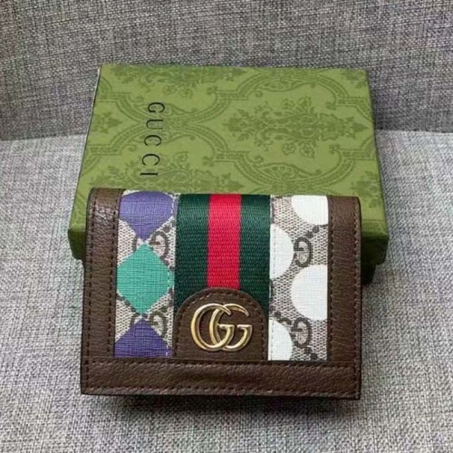 Gucci Unisex GG Ophidia Card Case Wallet Brown Leather Beige Ebony Supreme Canvas