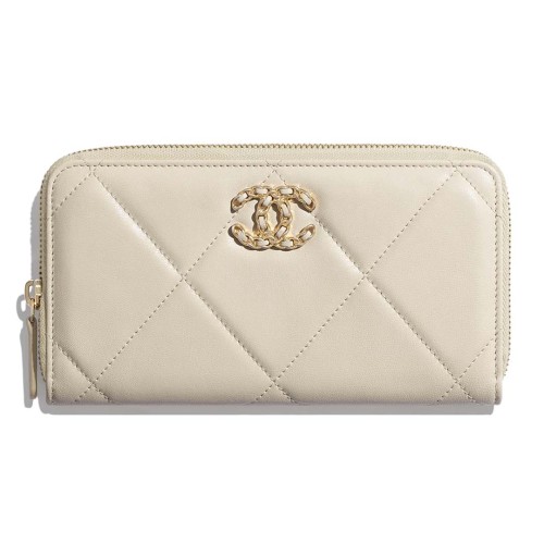 Chanel Women Chanel 19 Long Zipped Wallet Lambskin Leather-Beige                                                           Lambskin