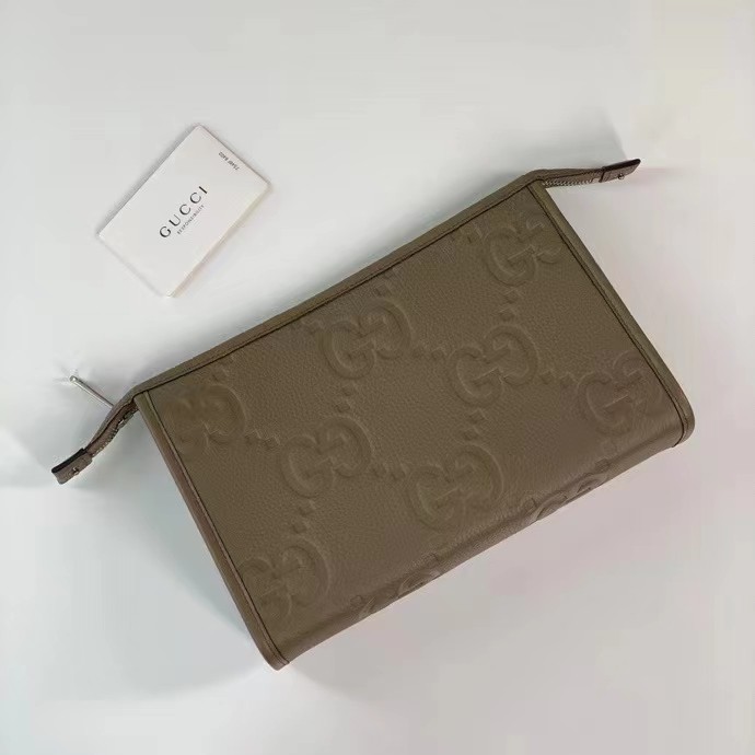 Gucci Unisex Jumbo GG Pouch Dark Green Jumbo GG Leather Zip Closure