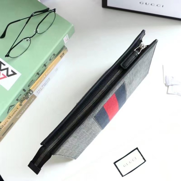 Gucci Unisex GG Black Pouch Black Grey GG Supreme Canvas Blue Red Web