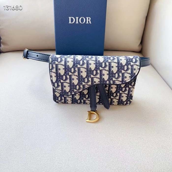 Dior Unisex CD Saddle Belt Pouch Blue Oblique Jacquard Front 'D' Stirrup