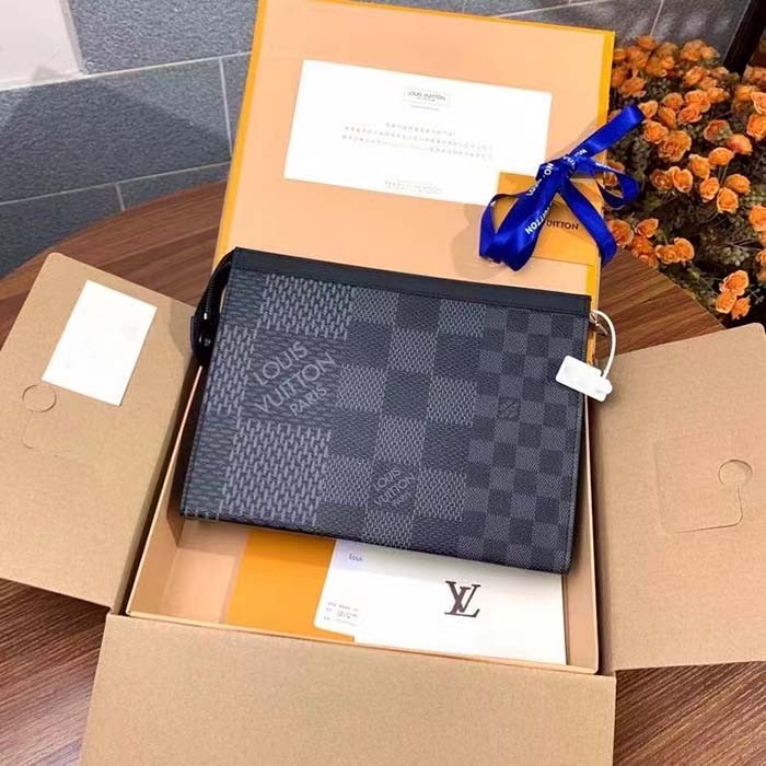 Louis Vuitton LV Unisex Pochette Voyage Gray Damier Graphite 3D Coated Canvas Black Cowhide Leather