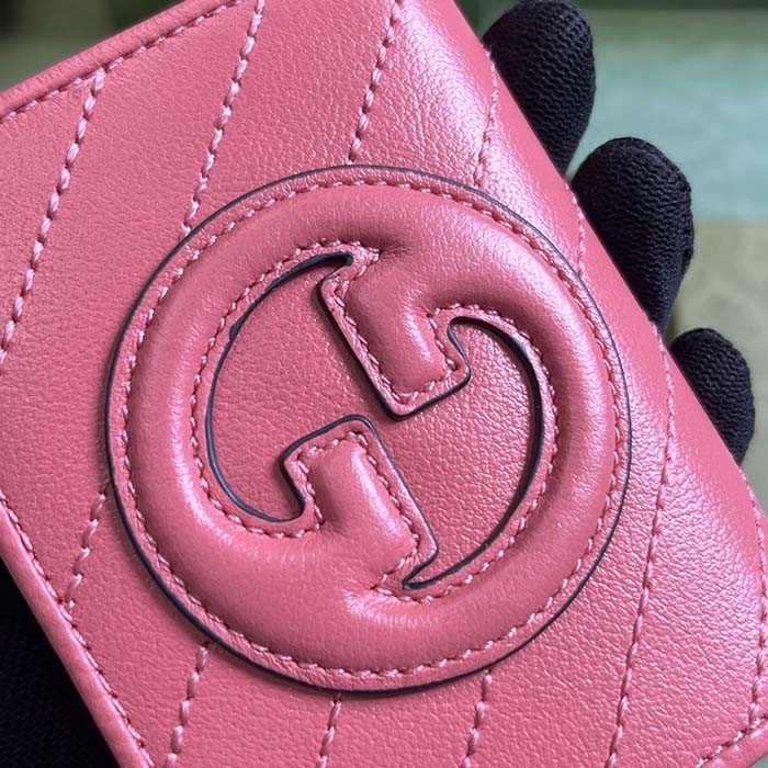 Gucci GG Unisex Blondie Card Case Wallet Pink Leather Taffeta Lining Round Interlocking G