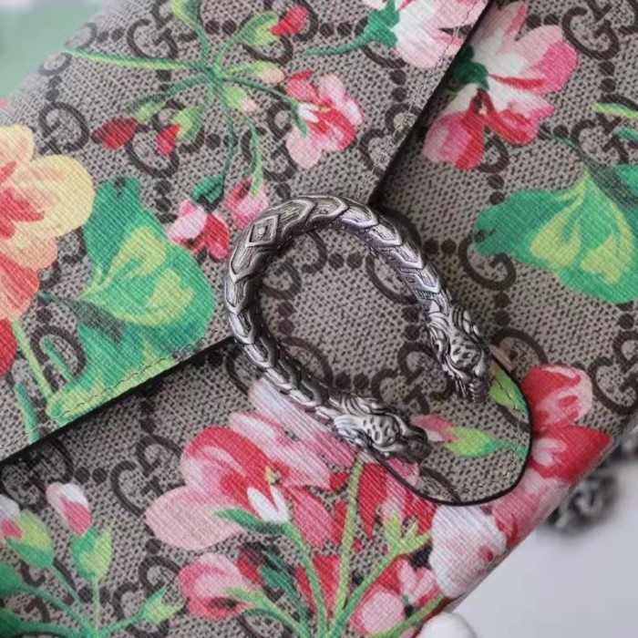 Gucci Women GG Dionysus Blooms Print Mini Chain Bag Beige Ebony Supreme Canvas