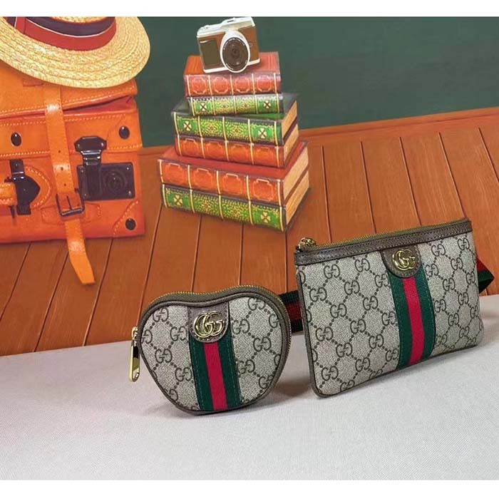 Gucci Unisex Ophidia GG Heart Utility Belt Coin Purse Pouch Beige Ebony Supreme Canvas
