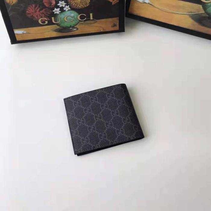 Gucci GG Men GG Supreme Wallet with Wolf in Black and Grey GG Supreme Canvas
