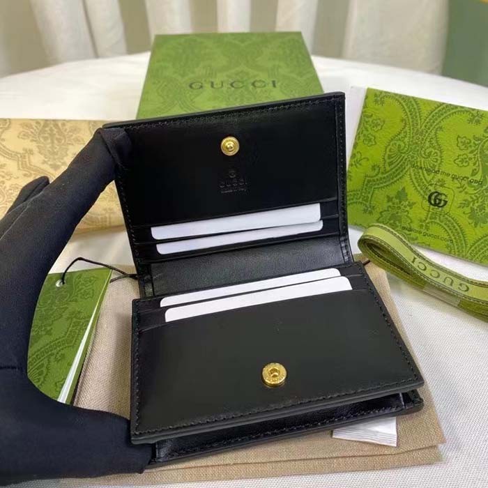 Gucci Unisex GG Marmont Card Case Wallet Black GG Matelassé Leather Double G