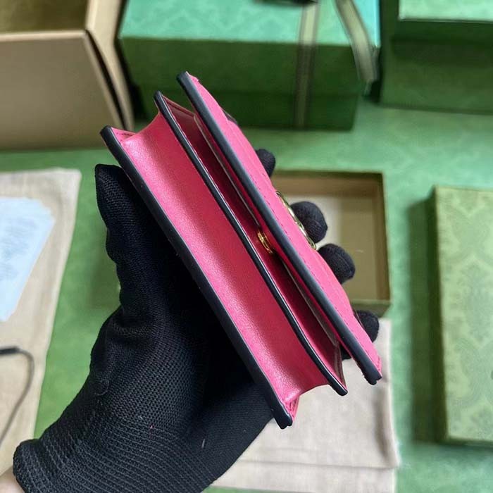 Gucci Unisex GG Marmont Card Case Wallet Pink GG Matelassé Leather Double G