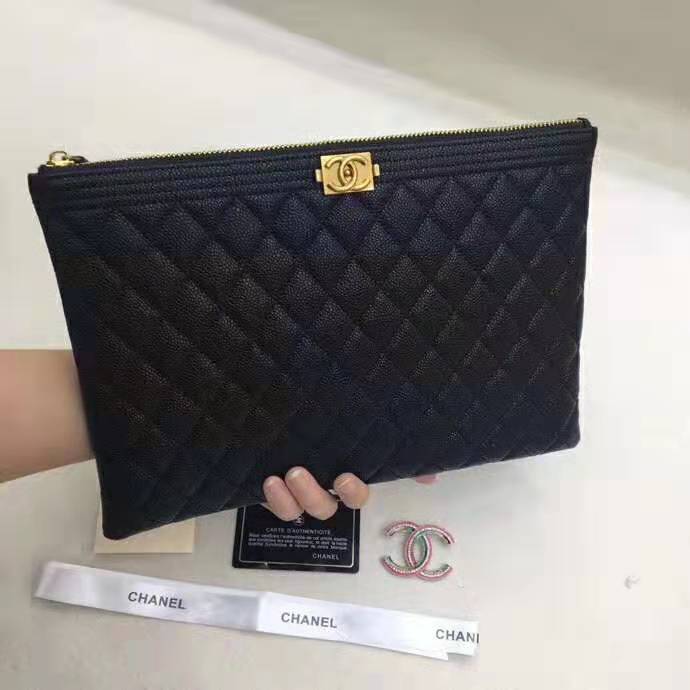 Chanel Unisex Boy Chanel Pouch in Lambskin Leather-Black