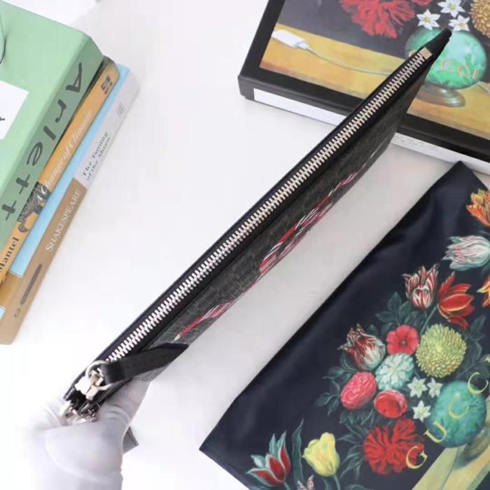 Gucci GG Men Gucci Bestiary Pouch with Kingsnake in Black/Grey GG Supreme Canvas