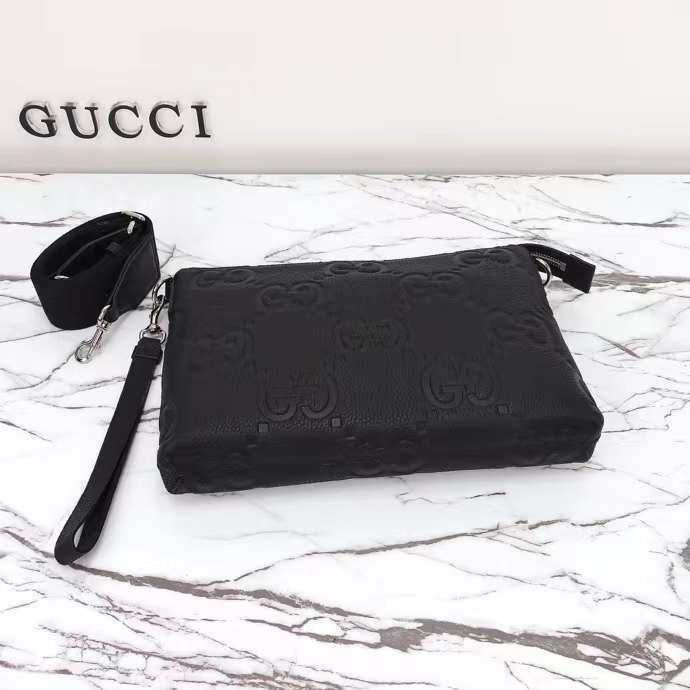 Gucci Unisex Jumbo GG Medium Messenger Bag Black Leather Zip Closure