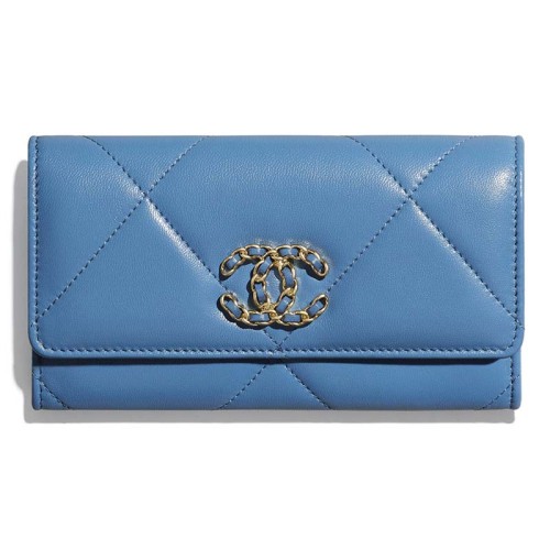 Chanel Women Chanel 19 Flap Wallet Shiny Lambskin Leather-Blue