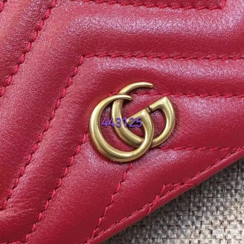 Gucci Unisex GG Marmont Card Case Wallet Red Matelassé Chevron Leather Double G