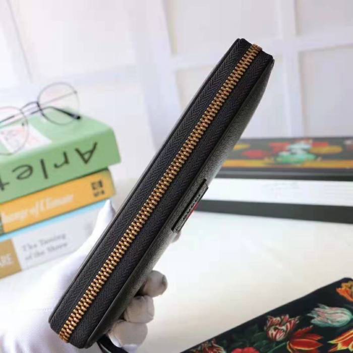 Gucci GG Unisex Leather Zip Around Wallet with Web in Black Leather