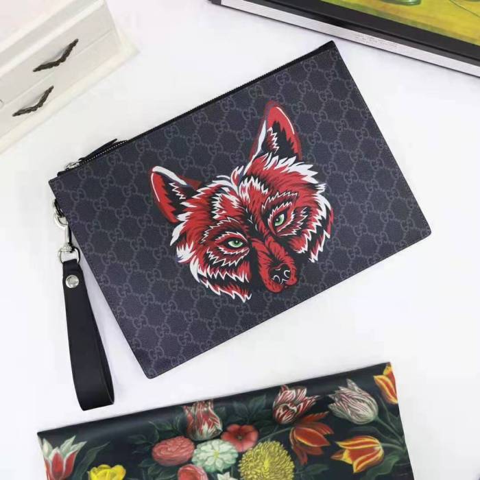 Gucci GG Men Gucci Bestiary Pouch with Wolf in Black and Grey GG Supreme Canvas