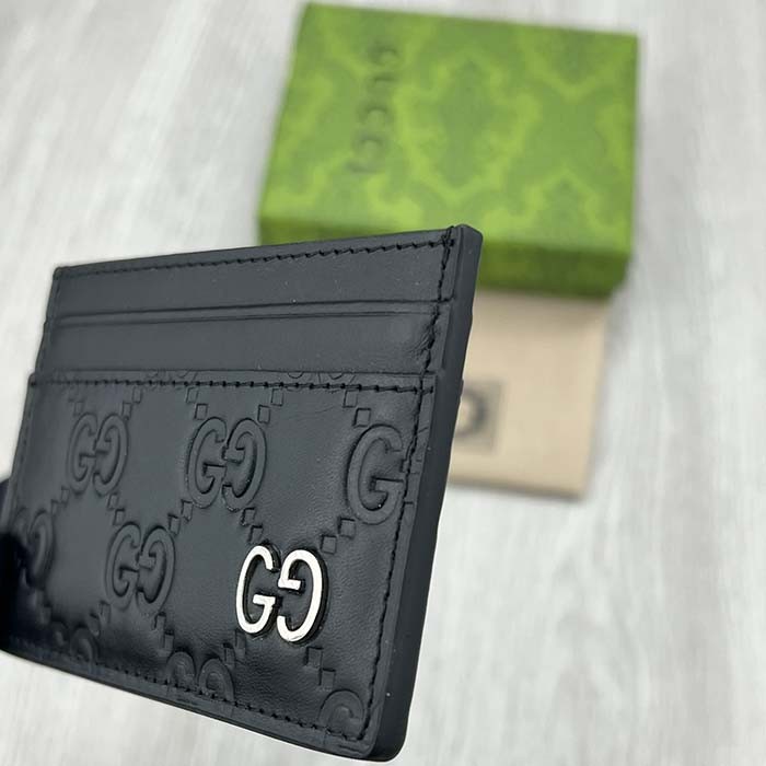 Gucci Unisex GG Gucci Signature Card Case Black Leather Metal Four Card Slots