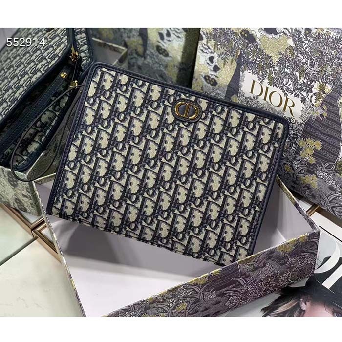 Dior Unisex CD Medium 30 Montaigne Pouch Blue Dior Oblique Jacquard