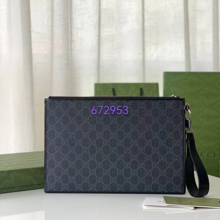 Gucci Unisex Pouch Interlocking G Black GG Supreme Canvas Leather Zip Closure