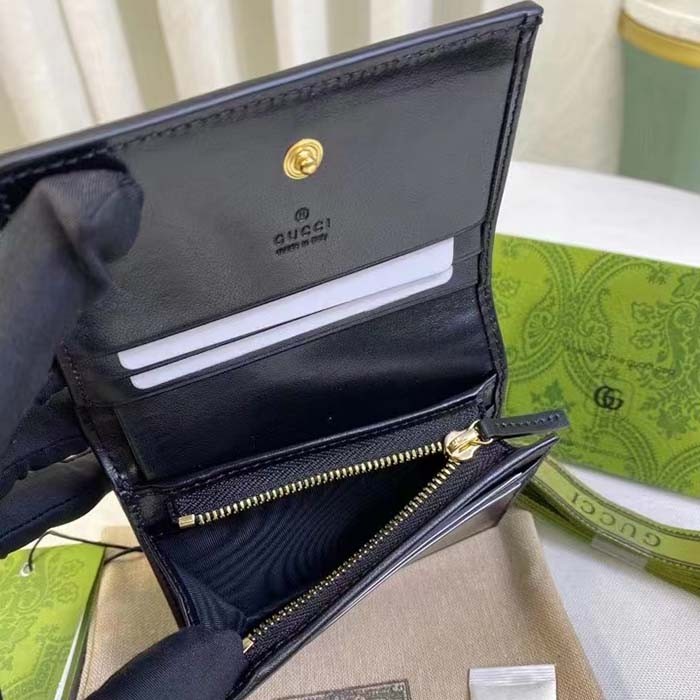 Gucci Unisex GG Marmont Card Case Wallet Black GG Matelassé Leather Double G