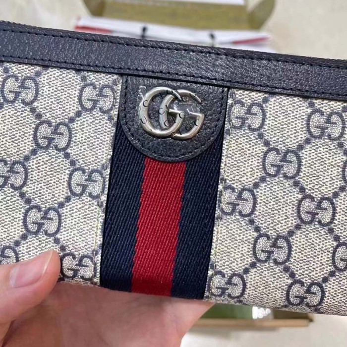 Gucci Unisex GG Ophidia GG Zip Around Wallet Beige Blue GG Supreme Canvas