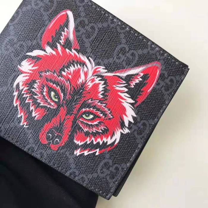 Gucci GG Men GG Supreme Wallet with Wolf in Black and Grey GG Supreme Canvas
