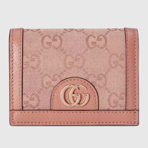 Gucci Unisex Ophidia GG Card Case Wallet Pink Canvas Leather Moiré Lining Double G