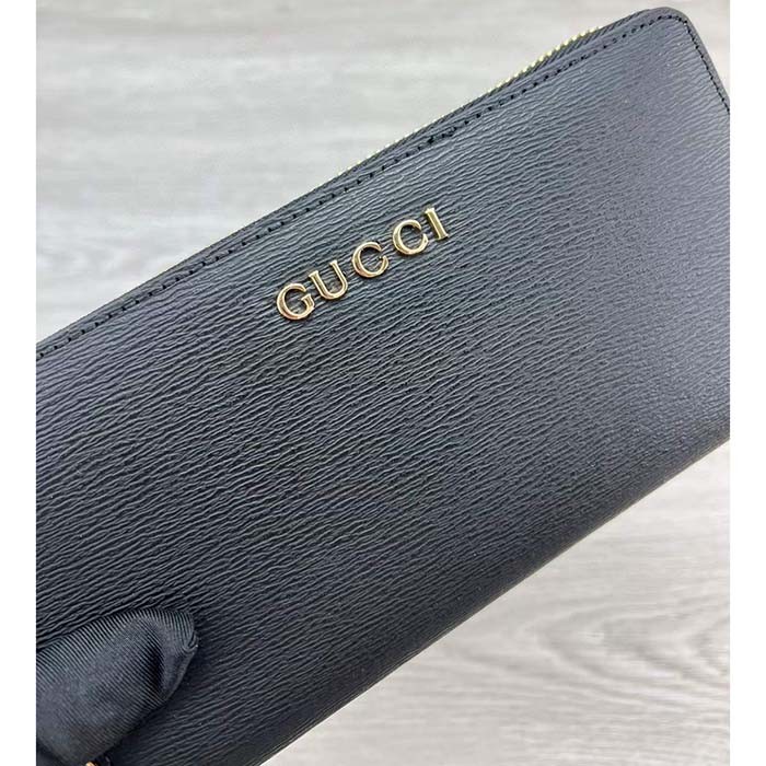 Gucci Unisex GG Zip Around Wallet Gucci Script Black Leather Taffeta