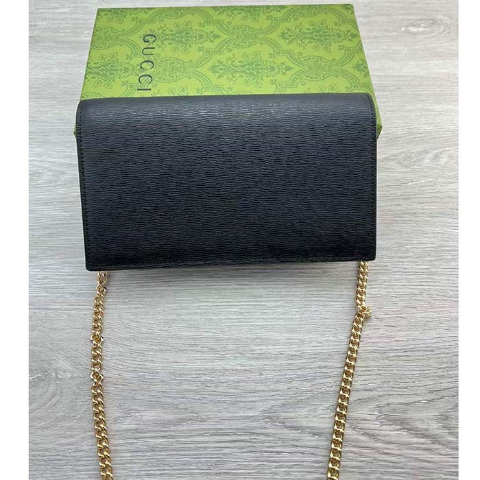 Gucci Women GG Chain Wallet Gucci Script Black Leather Taffeta Lining