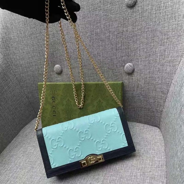Gucci Women GG Wallet Chain Light Blue GG Leather Dark Blue Double G