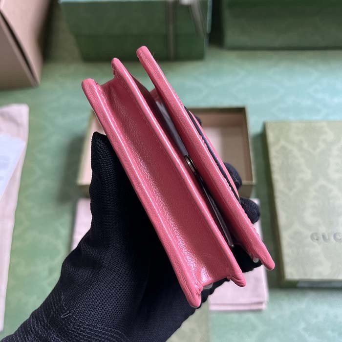 Gucci GG Unisex Blondie Card Case Wallet Pink Leather Taffeta Lining Round Interlocking G