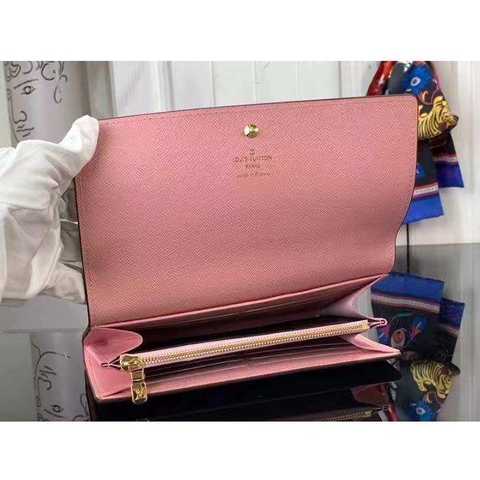 Louis Vuitton LV Unisex Sarah Wallet Pink Damier Ebene Coated Canvas Grained Cowhide Leather