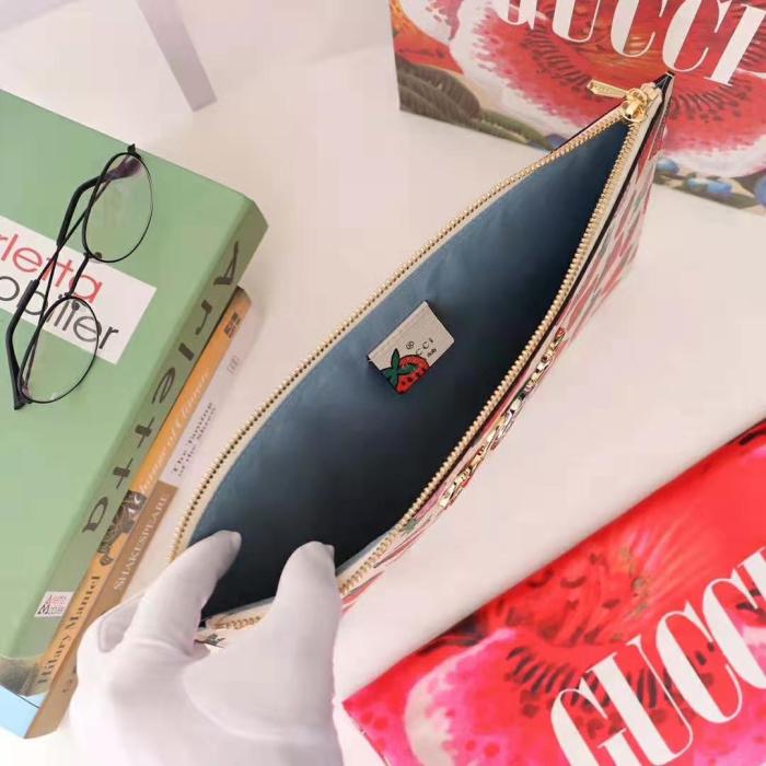 Gucci GG Women Gucci Zumi Strawberry Print Pouch in Ivory Leather