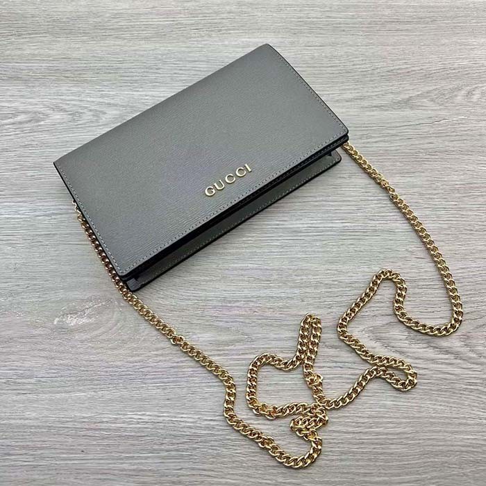 Gucci Women GG Chain Wallet Gucci Script Pale Green Leather Taffeta