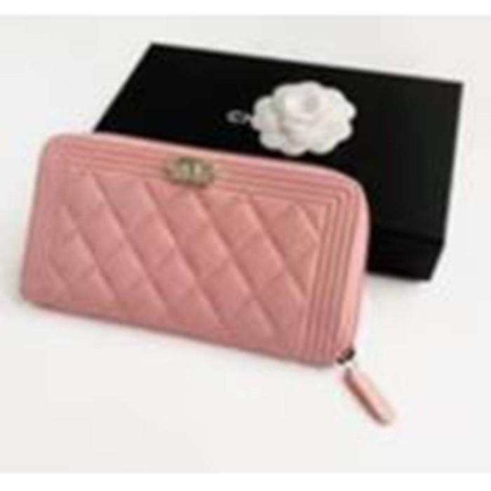 Chanel Women Boy Chanel Pink Long Zipped Wallet Grained Calfskin Leather