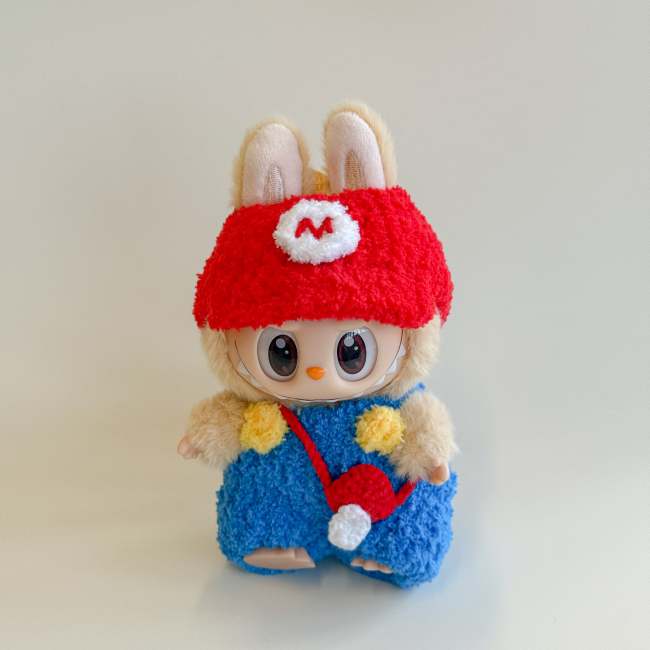 Labubu Red Cap & Blue Overalls Outfit Set