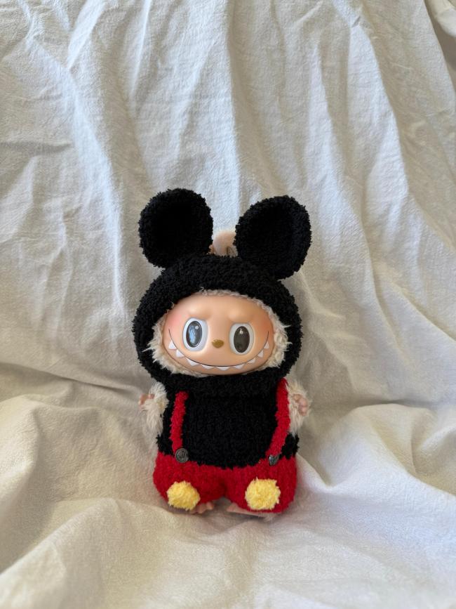 Labubu Classic Mouse Outfit Set - Black Hoodie & Red Overalls