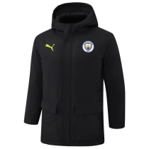 24-25 Man City Black Hooded Windbreaker Fabric Cotton Coat(绿彪标)