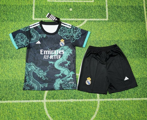 Real Madrid Special Edition Black Green Dragon Kids Kits 1:1 Quality Soccer Jersey 25/26
