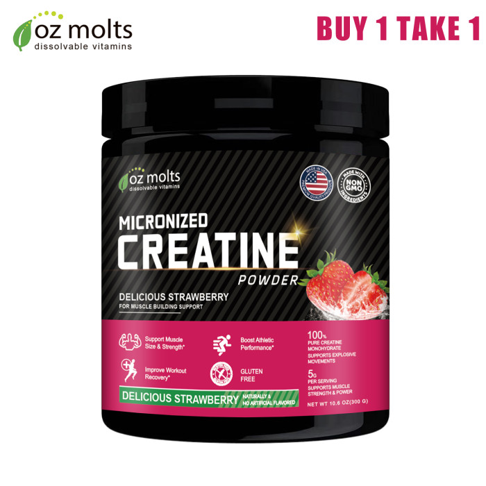 Ozmolts Creatine Monohydrate Powder Support Muscle Building Supplements for Women and Men Creatine Powder for Muscle Recovery Energy Booster Gym Supplement Strawberry 300g