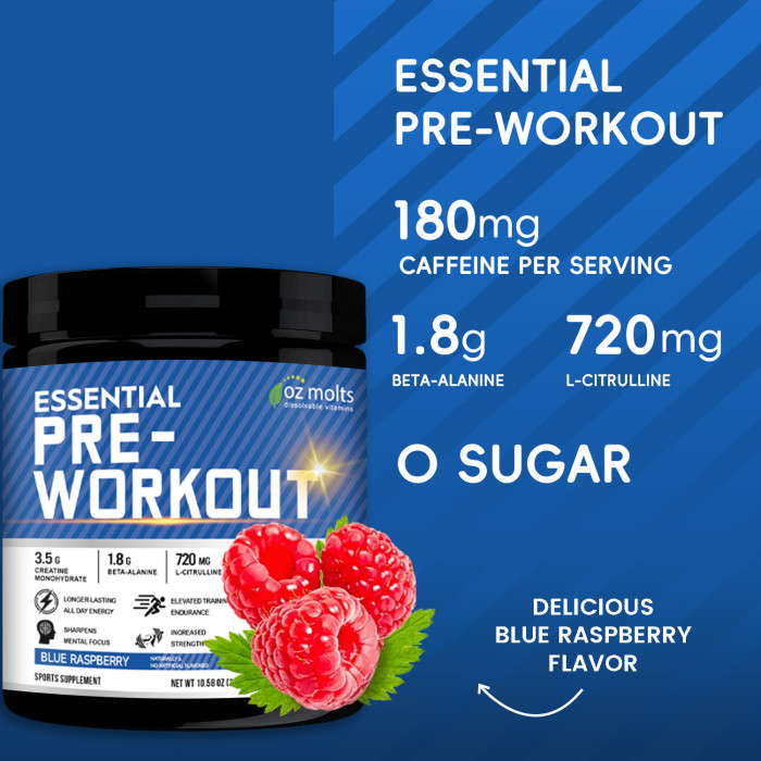 Ozmolts Pre-Workout Powder with Beta Alanine Creatine for Men and Women Enhances Strength and Endurance Sparks Extreme Mental Focus Delivers Intense Muscle Pump Supplies Sustained Energy 300g Raspberry Pre Workout Supplement