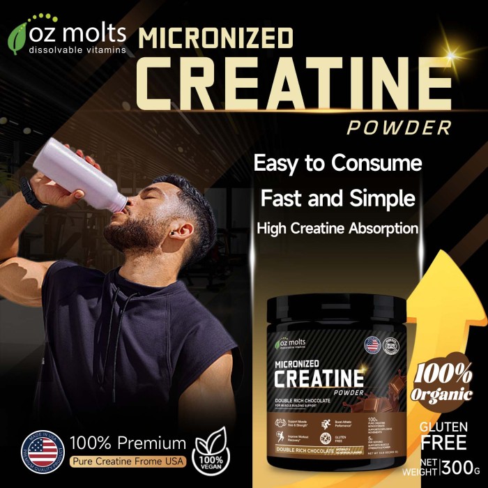 Ozmolts Creatine Monohydrate Powder Double Rich Chocolate Micronized Creatine Power for Muscle Building Support Workout Recovery and Strength Gain Booster Athlene Creatine Powder 300g