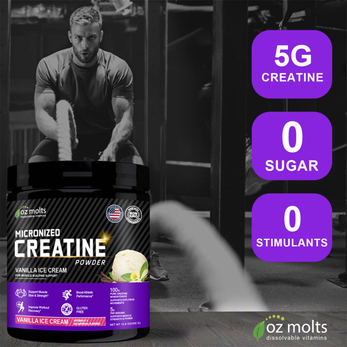 Ozmolts Creatine Monohydrate Powder Workout Drink Supplement for Muscle Building Creatine Protein Powder Improving Mass Athlene Creatine Powder for Men and Women Vanilla Ice Cream 300g 60 Servings